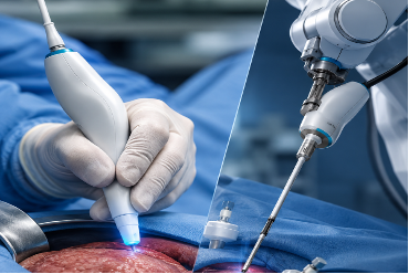 Handheld probe delivering focal treatment during surgery, alongside a robotic-arm delivery concept for the same probe
